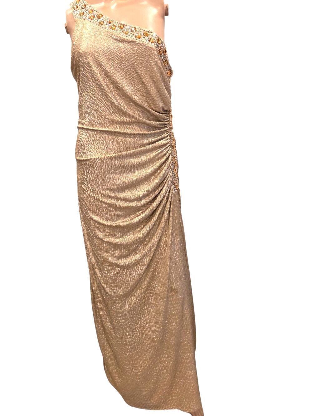 Betsy & Adam Champagne Goddess Gown Jeweled One Shoulder 10P Old Hollywood Glam